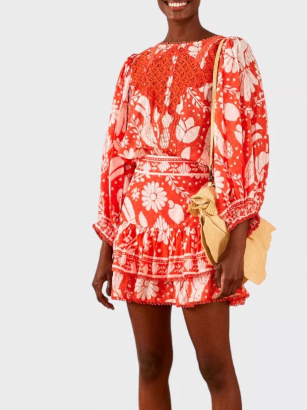 FARM Rio Coral-White Floral Tiered Mini Skirt & Blouse Set. S/M